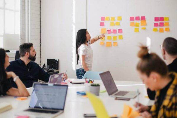 Woman at agile wall