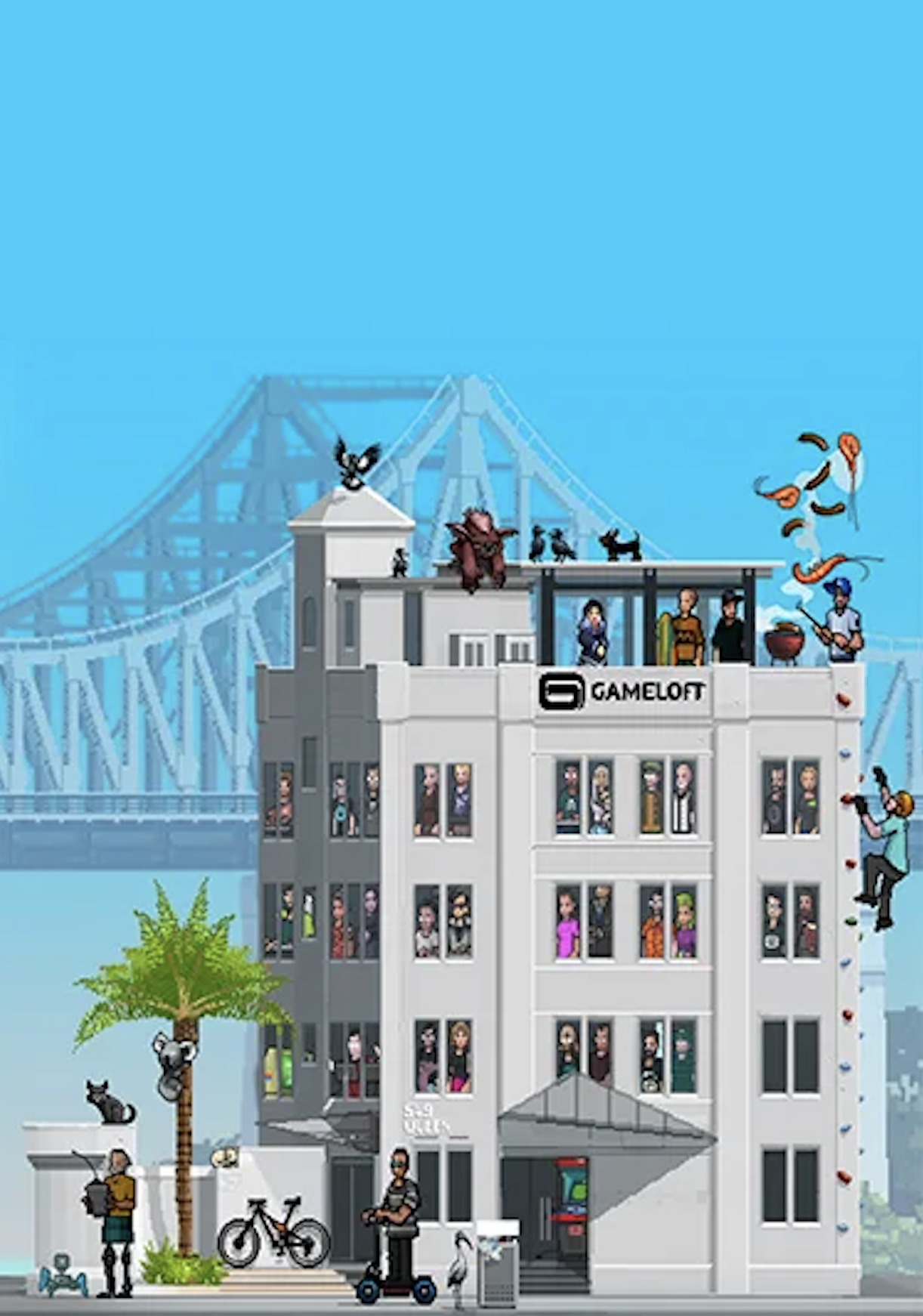 An illustration of the Brisbane Gameloft Studio with the Story Bridge behind it