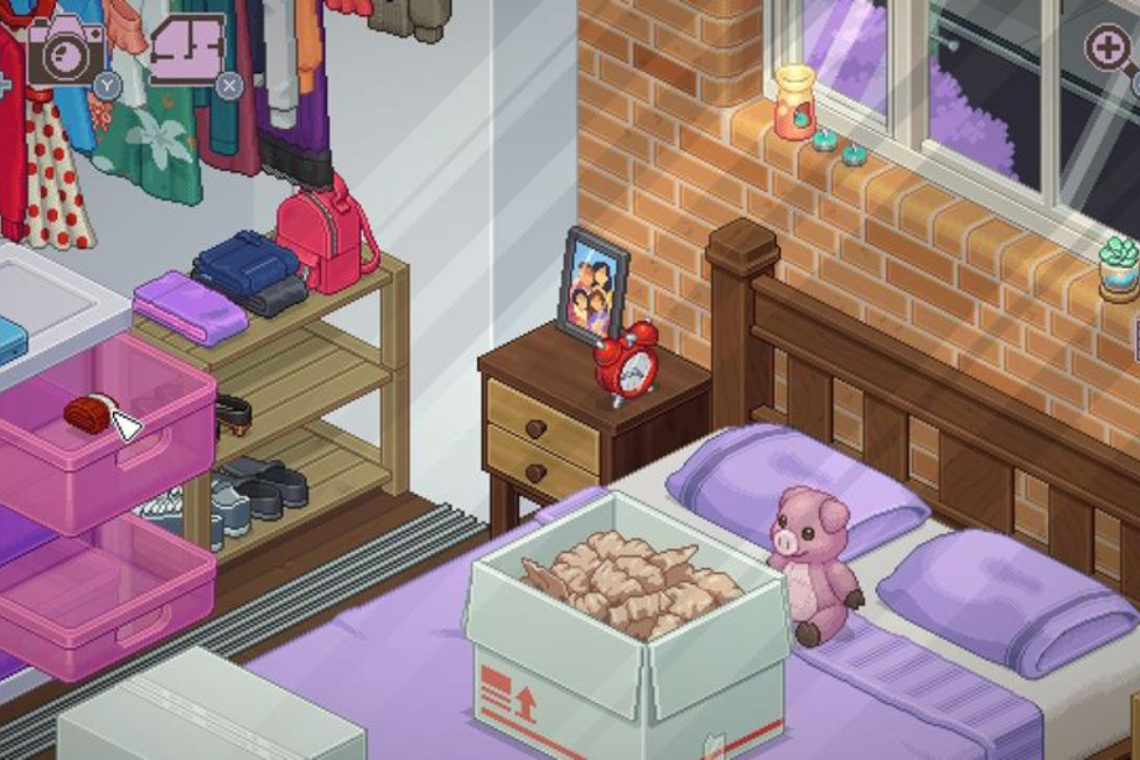 An image of a game showing a box on a bed with a soft toy