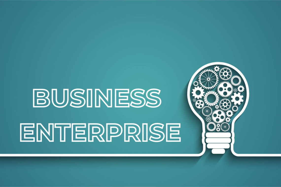 Promotional image featuring the title 'Business Enterprise' and a graphic of a lightbulb with cogs inside