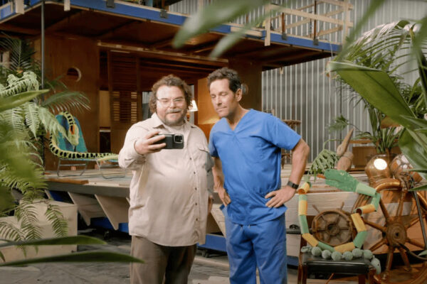 Jack Black and Paul Rudd on set recording an Anaconda teaser video for Sony Pictures