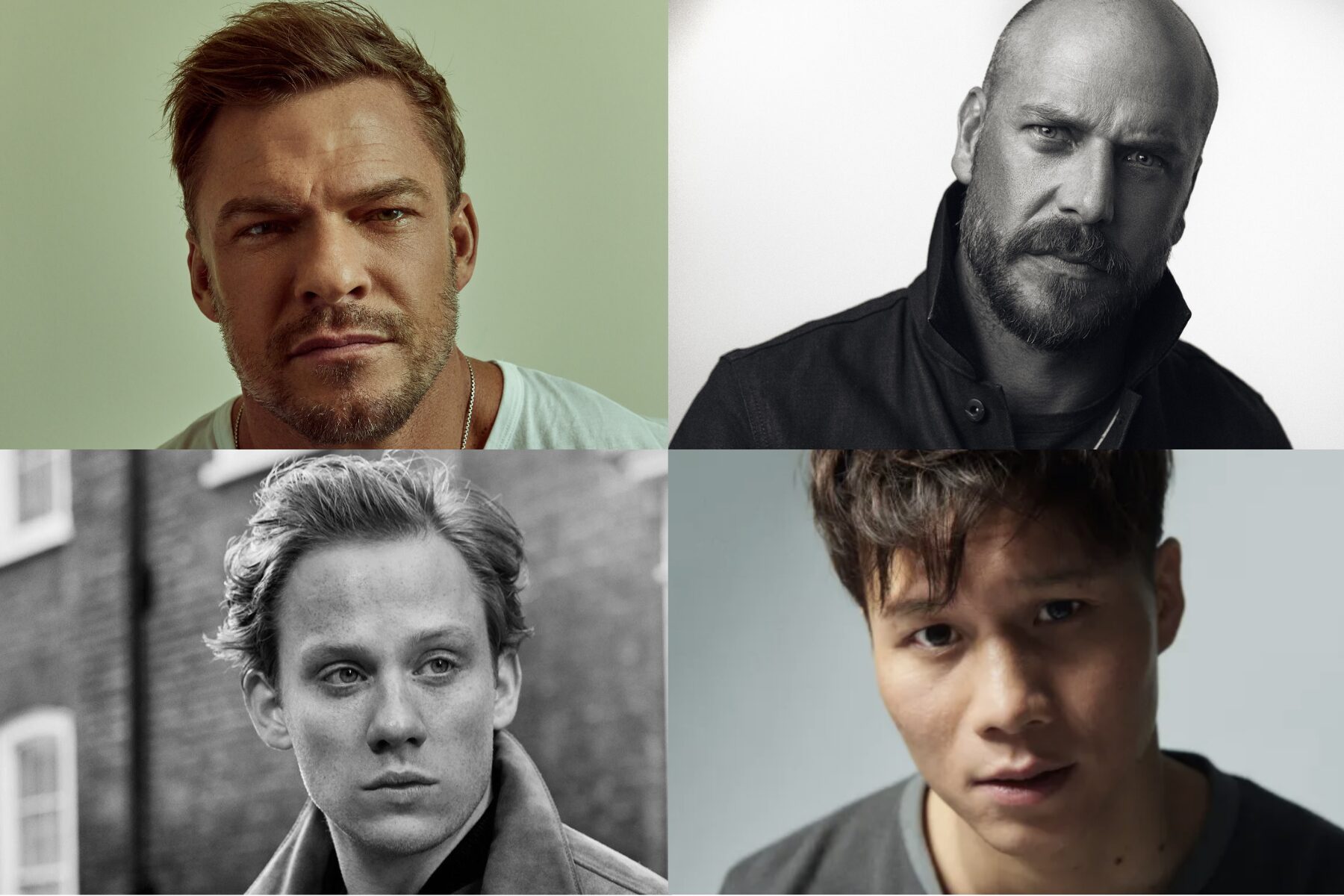Headshots of Alan Ritchson (credit Storm Santos), Patrick Hughes (credit Austin Hargrave), Joe Coel (credit Torno Brejc) and Xoa Huande (credit Jamie Green)