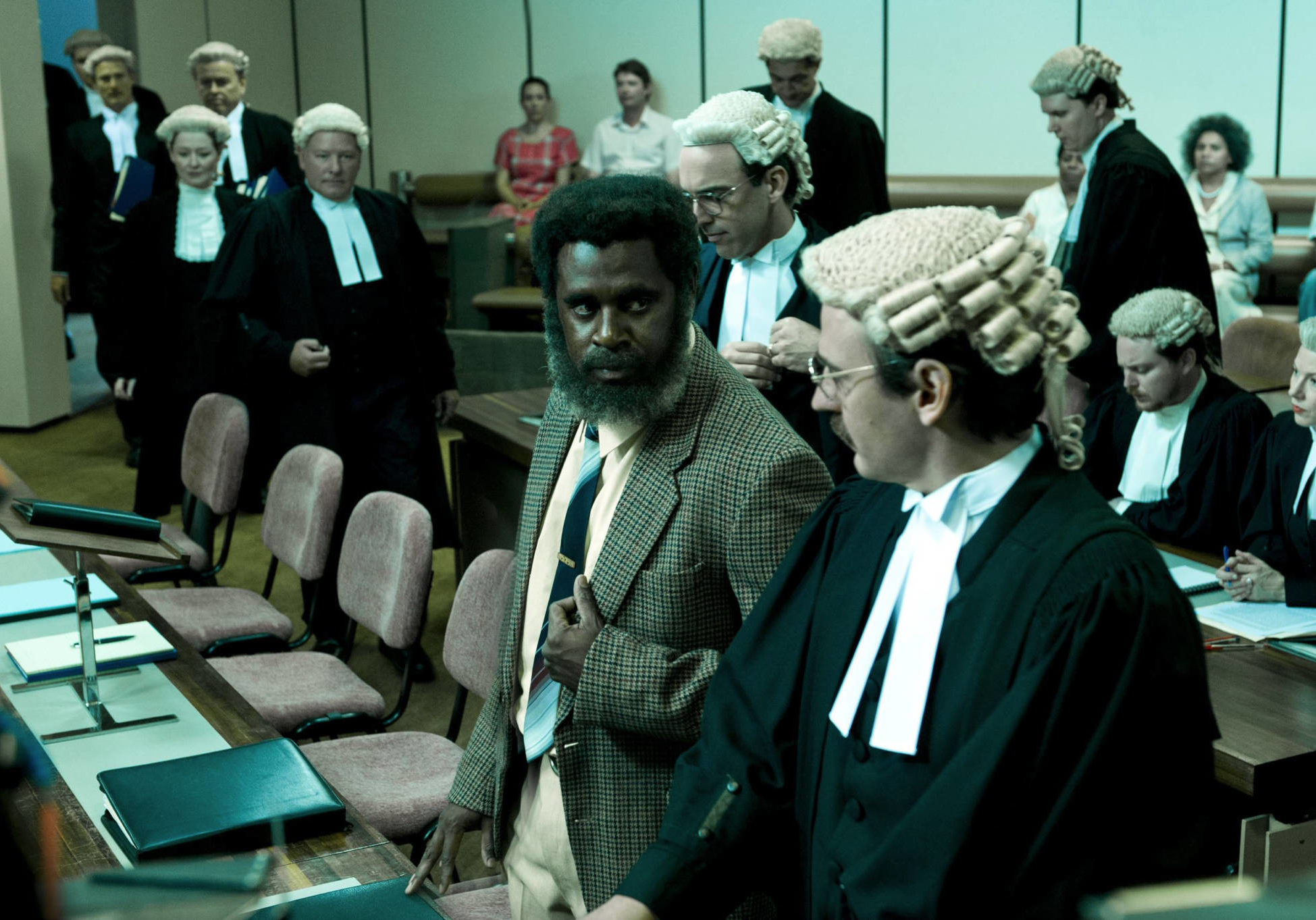 A photo of actor Jimi Bani playing Eddie Mabo in the courthouse for MABO film