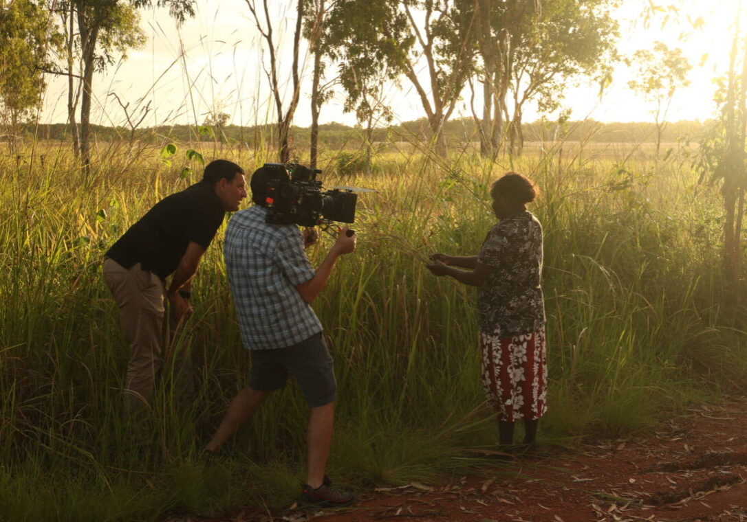 WIK_BTS_director-Dean-Gibson-and-DOP-Mark-Broadbent-with-traditional-owner-Marie-Kalkeyotta